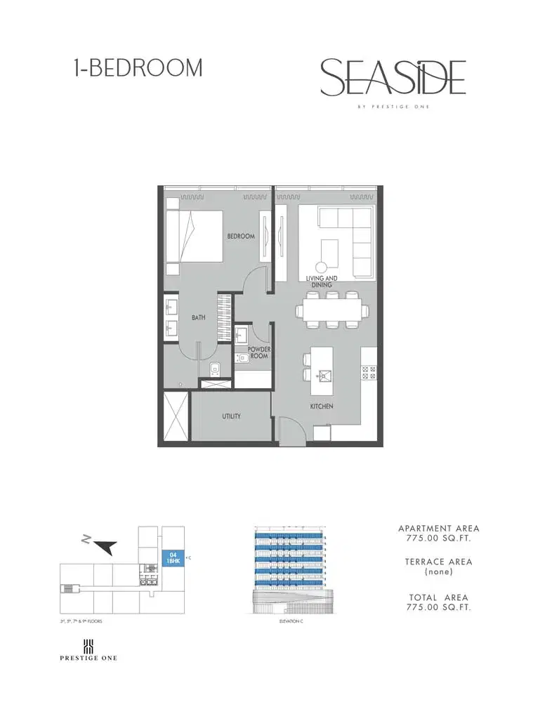 Prestige One Seaside Apartments at Dubai Islands 1 BR Floor Plan 775 Sq. Ft.