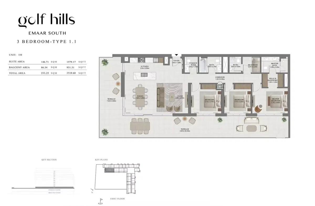 Emaar Golf Hills One At Emaar South | Apartments & Townhouses 3 BR Apartment Floor Plan
