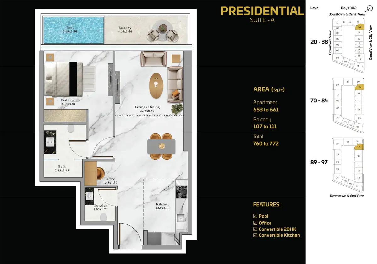 Danube Bayz 102 at Business Bay Dubai 1 BR Floor Plan 772 Sq. Ft.