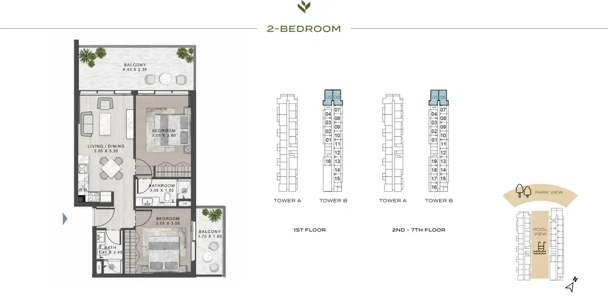 DAMAC Evergreens Apartments at DAMAC Hills 2 Dubai 2 BR Apartment Floor Plan
