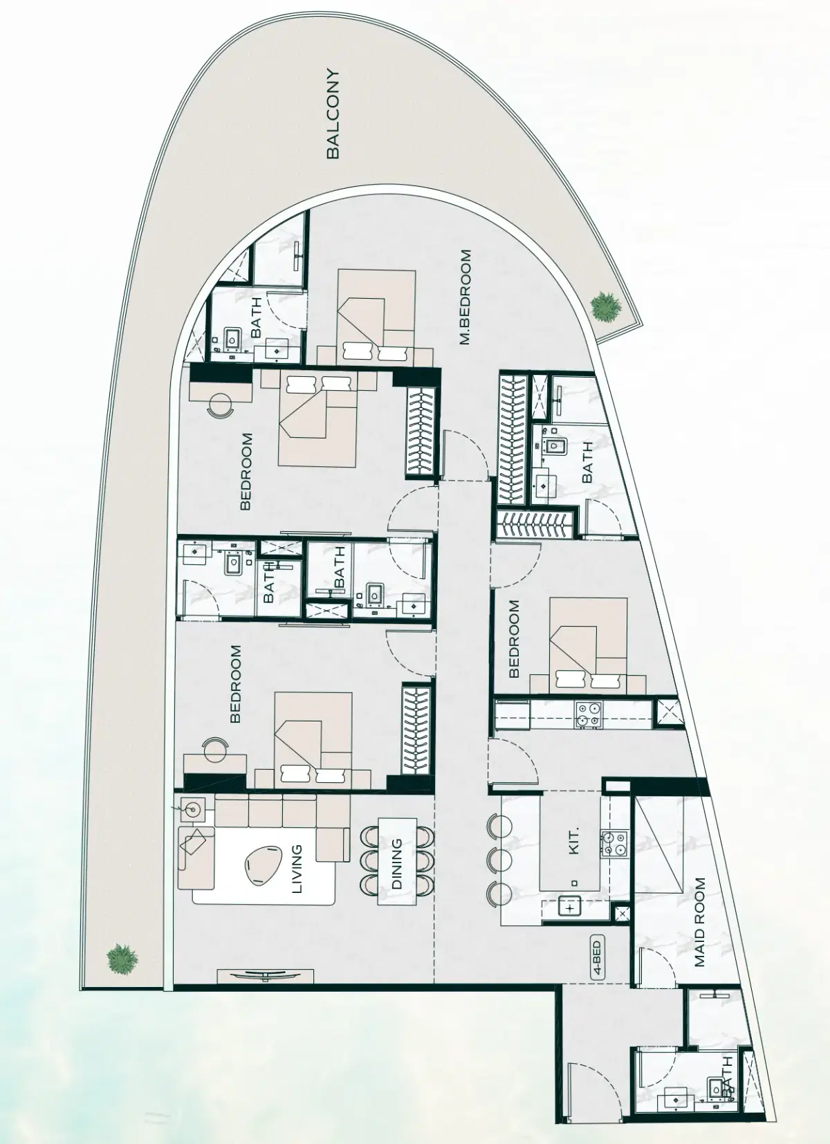 Binghatti Aquarise At Business Bay Dubai 4 BR Apartment Floor Plan