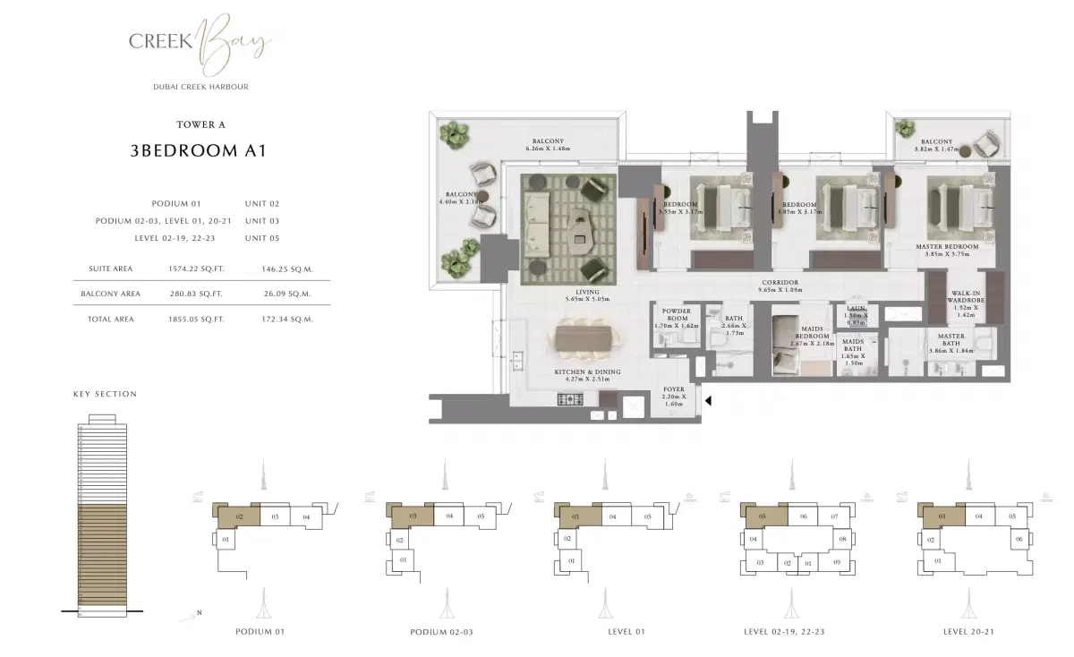 Emaar Creek Bay at Dubai Creek Harbour | Luxury Apartments 3 BR Apartment Floor Plan