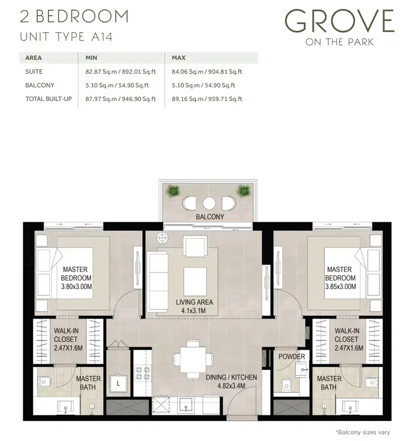 NSHAMA Grove On The Park at Town Square Dubai - Apartments 2 BR Apartments Floor Plan
