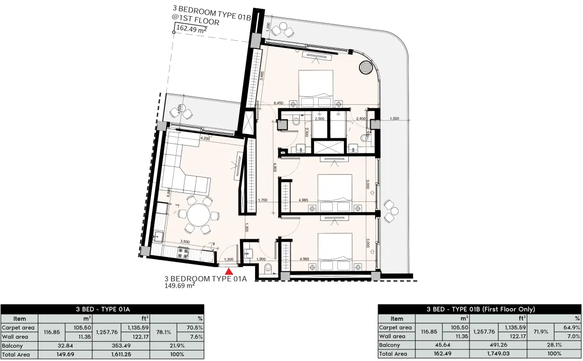 Azizi Arian at Jebel Ali Dubai 3 BR Appartment Floor Plan