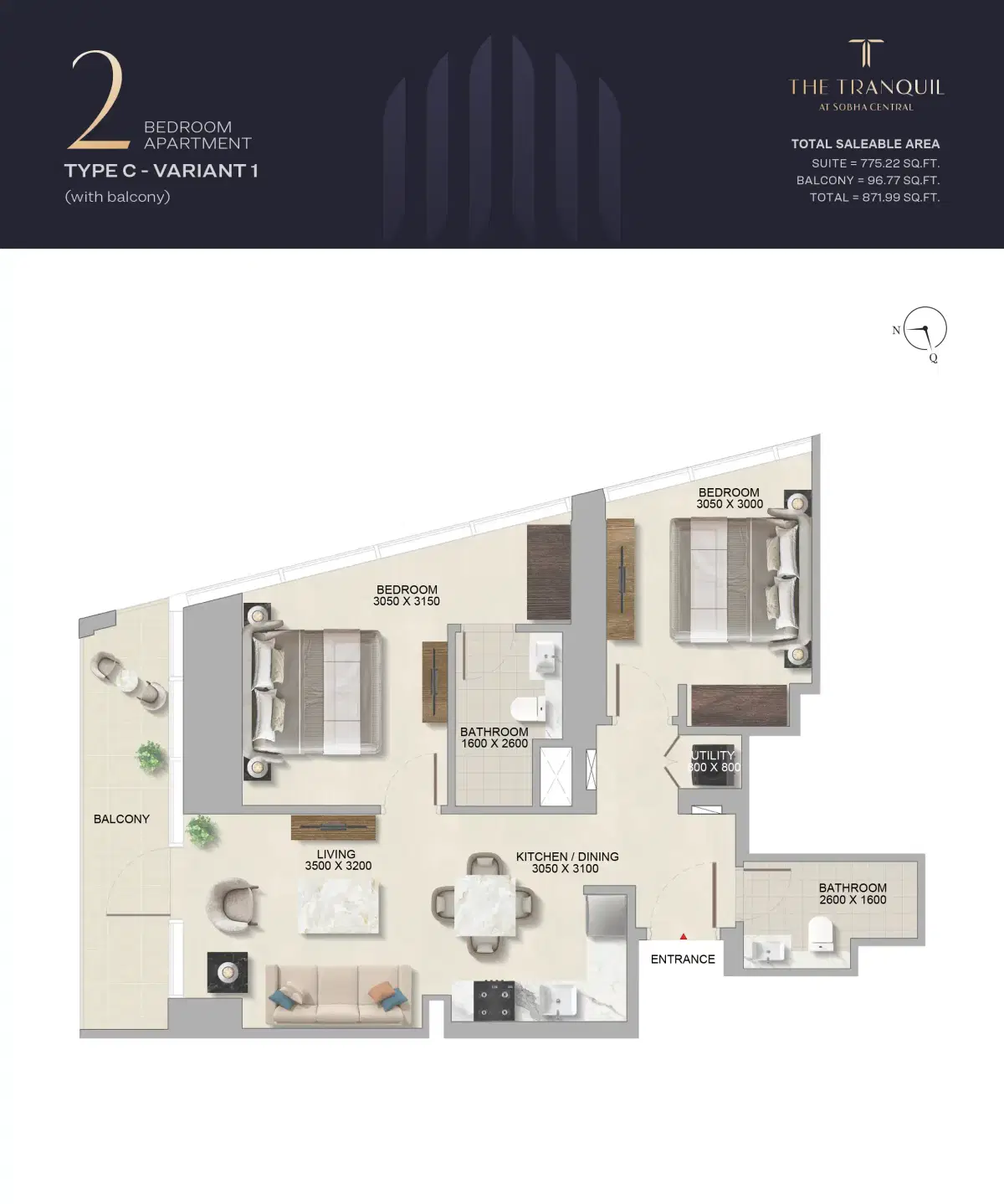 Sobha The Tranquil At Sobha Central Dubai 2 Bedroom Apartment-2 Floor Plan
