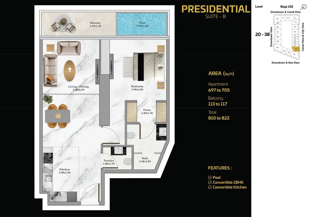 Danube Bayz 102 at Business Bay Dubai 1 BR Floor Plan 822 Sq. Ft.